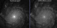 Comparativa de la calidad de imagen de una imagen combinada (6 x 10s) de la galaxia M51 obtenida sin filtro por J-PAS Pathfinder (izquierda) y una imagen en banda g del cartografiado SDSS (derecha). La FWHM de la PSF en la imagen de la Pathfinder es de ~0.4