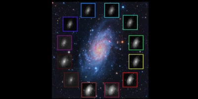 Imagen de la galaxia M33 en color y en los 12 filtros de J-PLUS