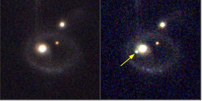 Imágenes de la galaxia IIHz4 observada por el proyecto de tiempo abierto del OAJ J-VAR antes (izquierda) y después (derecha) de la detección de la supernova del 12 de diciembre, cuya posición está indicada con una flecha amarilla. Crédito: Centro de Estudios de Física del Cosmos de Aragón (CEFCA)